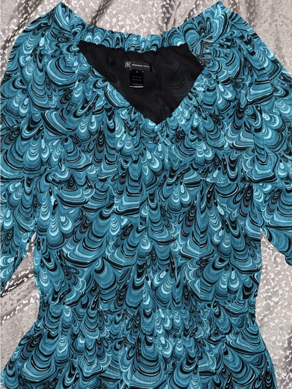 INC International Concepts Teal and Black Swirl V-Neck Blouse